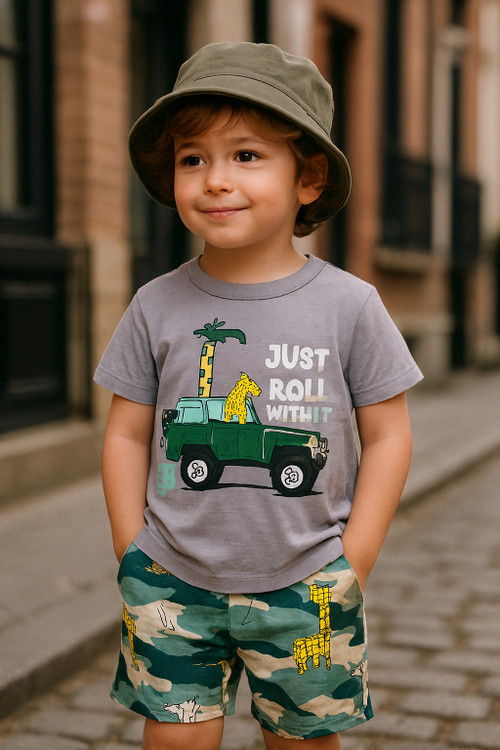 ست راحتی تیشرت و شلوارک طرح گردش حیوانات 1 تا 6 سال