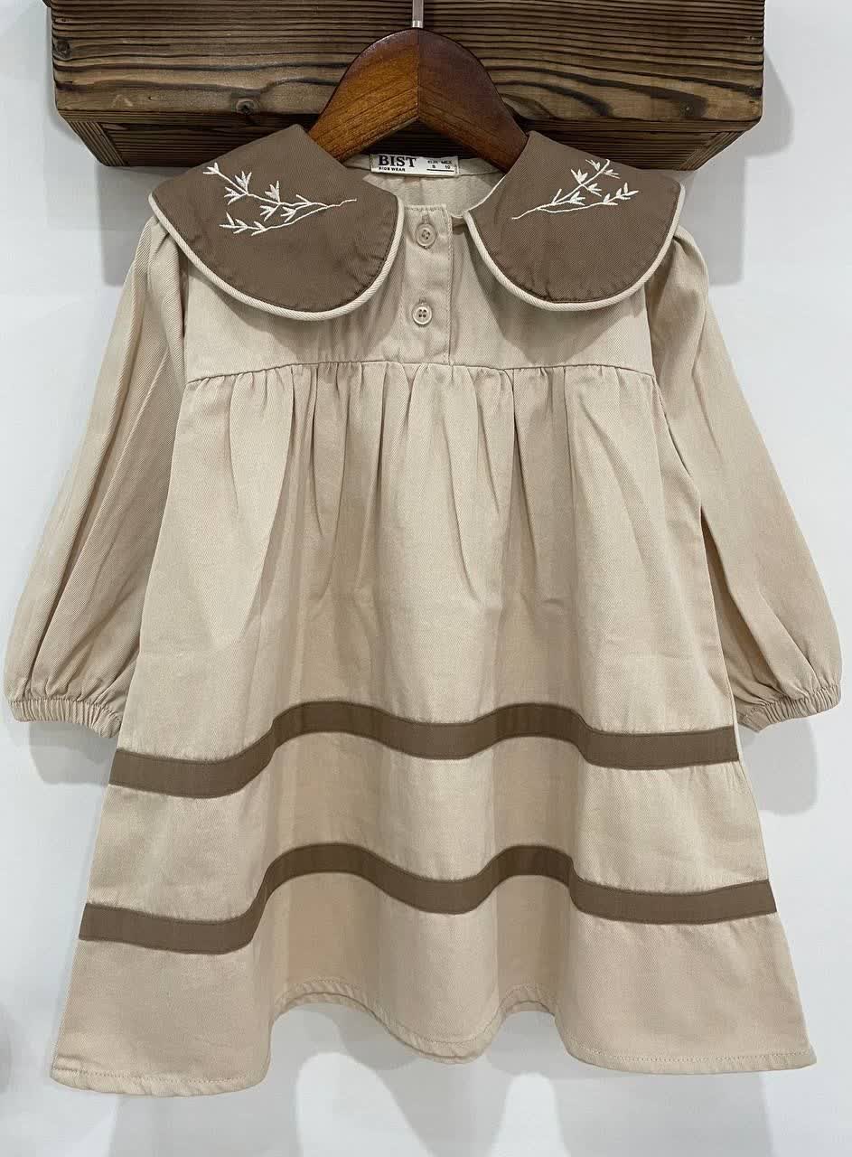 پیراهن دخترانه یقه گلدوزی کتان 5 تا 10 سال