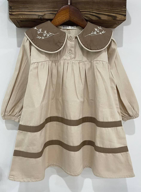 پیراهن دخترانه یقه گلدوزی کتان 5 تا 10 سال