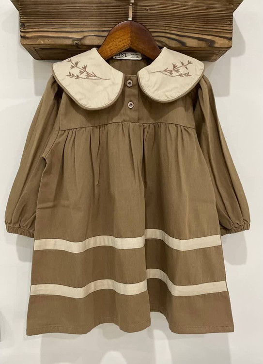 پیراهن دخترانه یقه گلدوزی کتان 5 تا 10 سال