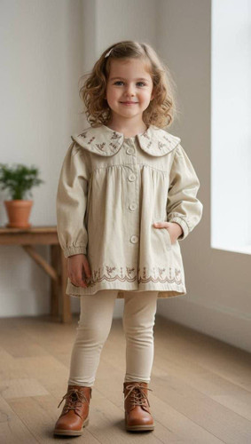 پیراهن دخترانه یقه گلدوزی کتان 1 تا 6 سال