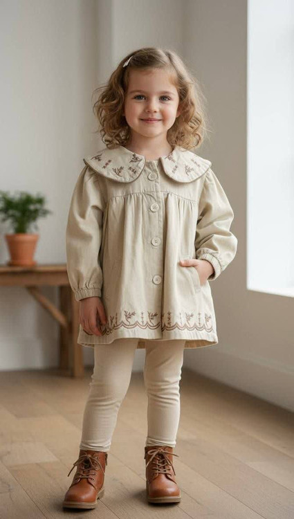 پیراهن دخترانه یقه گلدوزی کتان 1 تا 6 سال