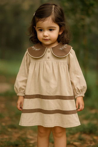 پیراهن دخترانه یقه گلدوزی کتان 5 تا 10 سال