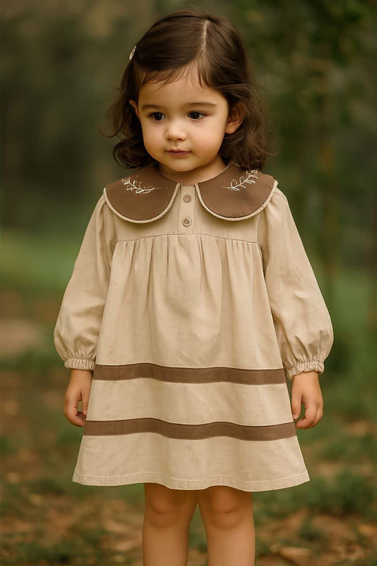 پیراهن دخترانه یقه گلدوزی کتان 5 تا 10 سال