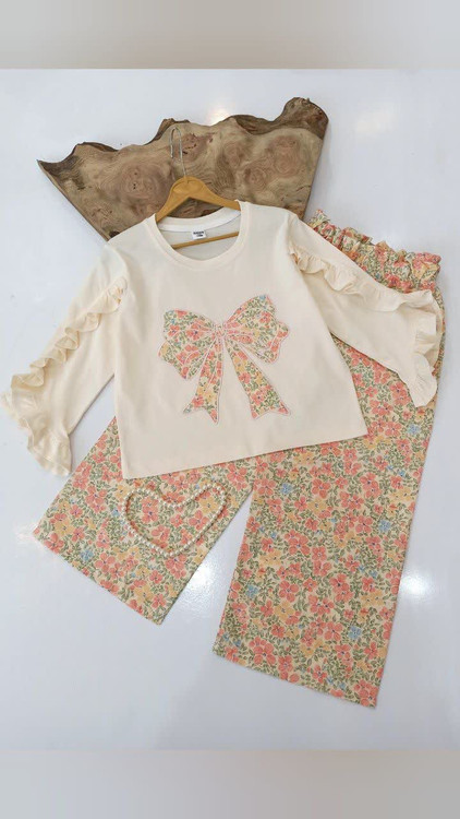 بلوز و شلوار دخترانه طرح پاپیون آستین فرشته 4 تا 13 سال