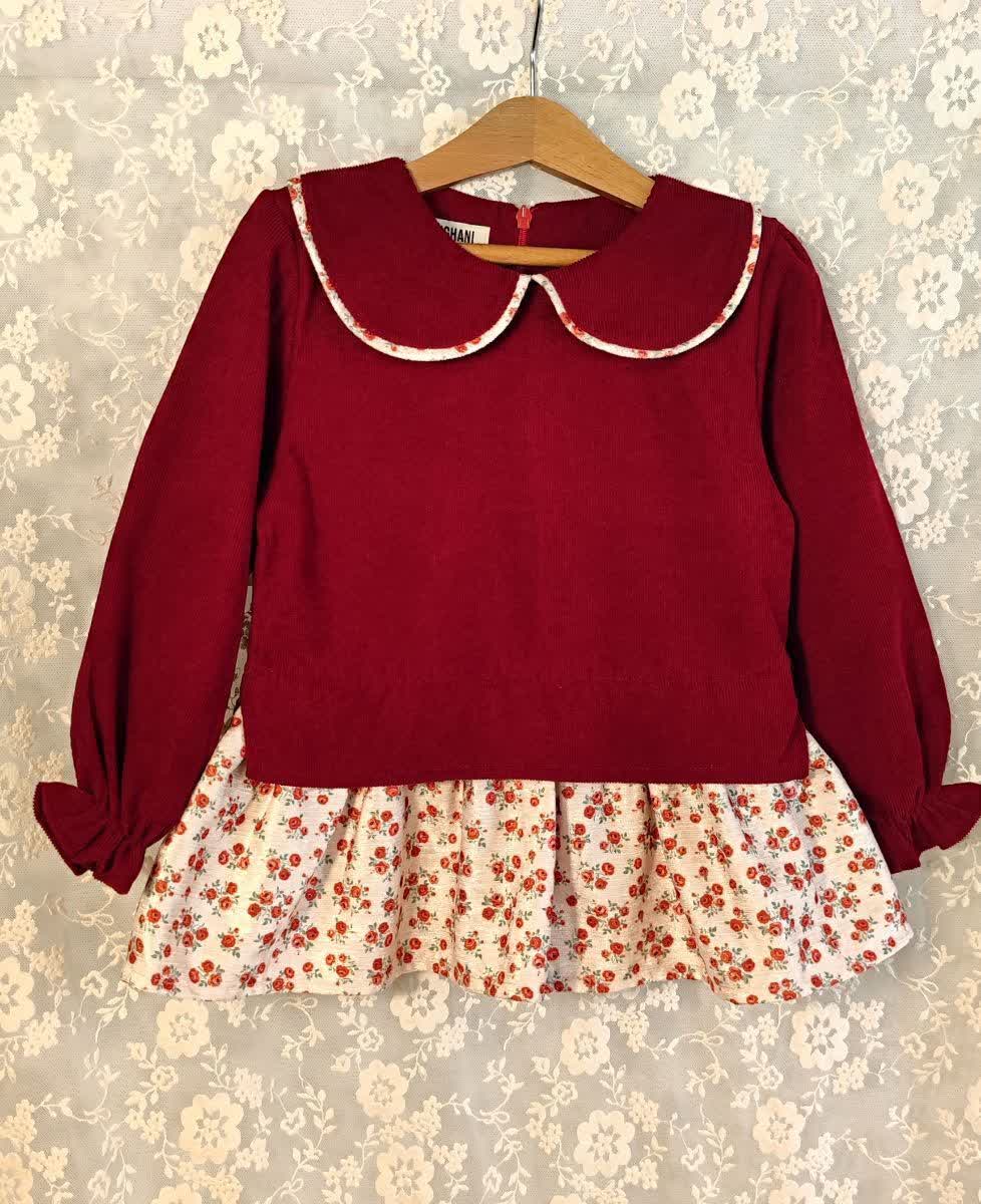 شومیز مخمل کبریتی دامن دار 3 تا 8 سال