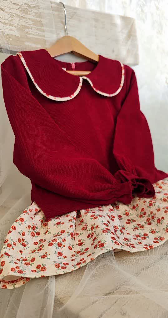 شومیز مخمل کبریتی دامن دار 3 تا 8 سال