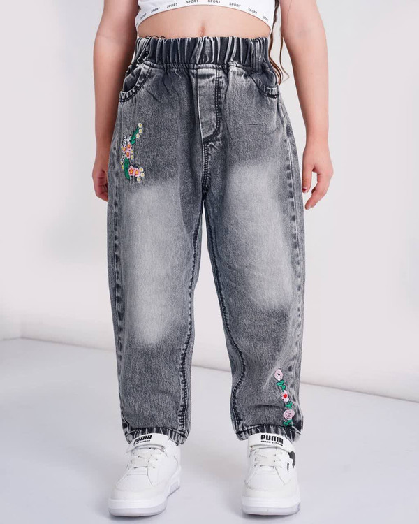 شلوار جین مام استایل دخترانه گلدوزی شده 1 تا 6 سال