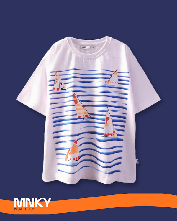 تیشرت سفید 7 تا 10 سال طرح طرح قایق مایورال