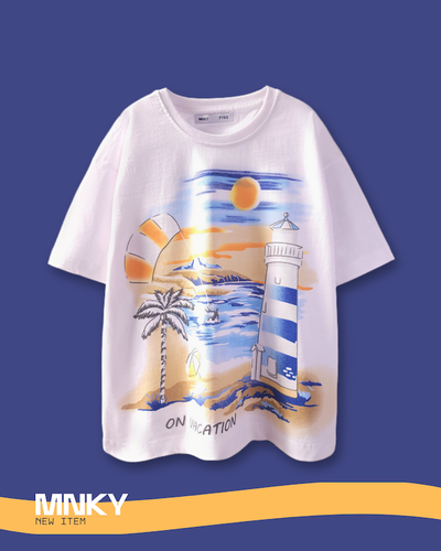 تیشرت سفید 7 تا 10 سال طرح فانوس دریایی