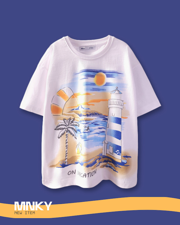 تیشرت سفید 7 تا 10 سال طرح فانوس دریایی