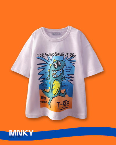 تیشرت سفید بچگانه 7 تا 10 سال طرح تی رکس آبی