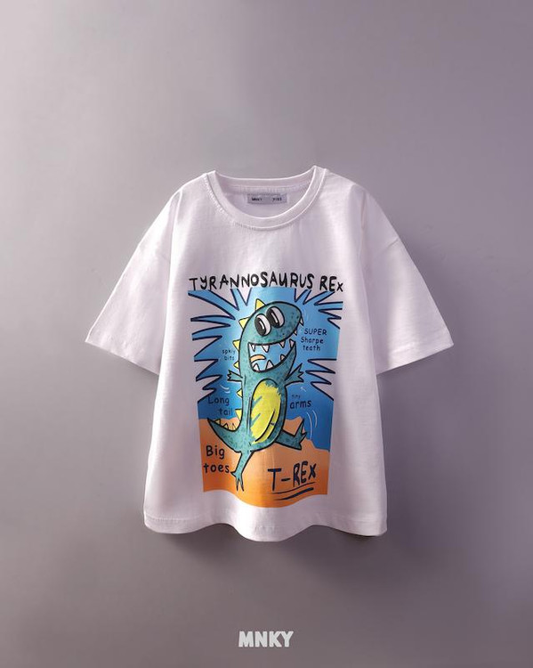 تیشرت سفید بچگانه 7 تا 10 سال طرح تی رکس آبی