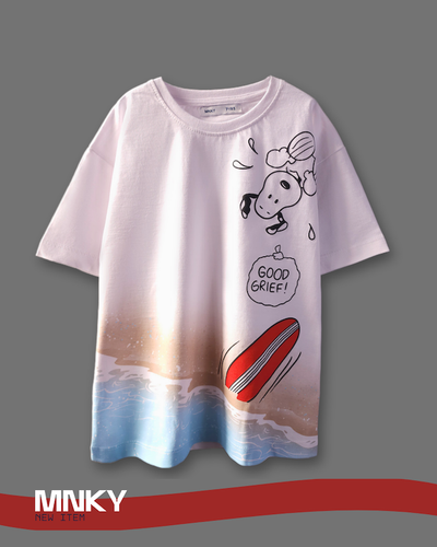 تیشرت سفید بچگانه 7 تا 10 سال طرح اسنوپی تخته شنا