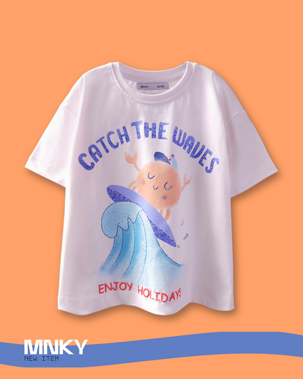 تیشرت سفید بچگانه 3 تا 6 سال طرح خرچنگ موج سوار