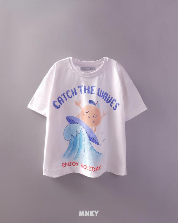 تیشرت سفید بچگانه 3 تا 6 سال طرح خرچنگ موج سوار