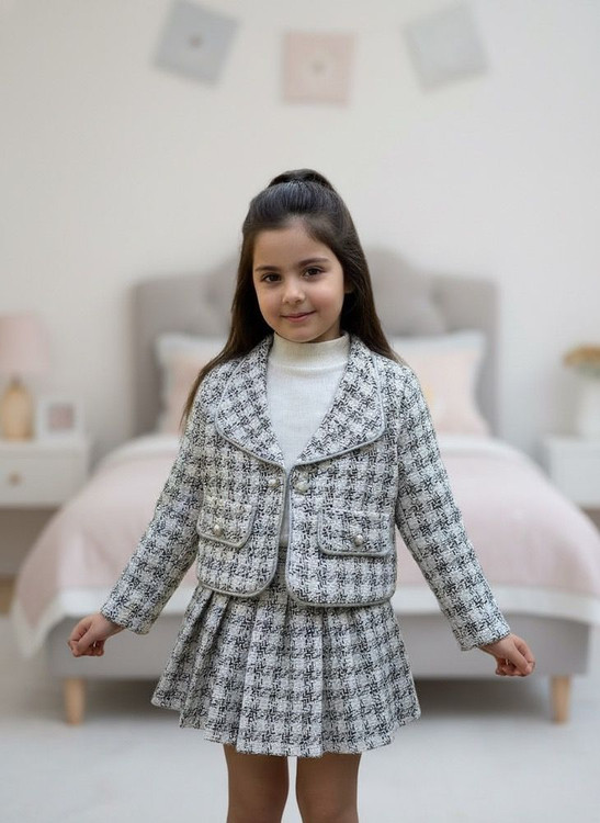 ست سه تیکه کت و دامن کتان کنفی دخترانه ۳ تا ۱۰ سال