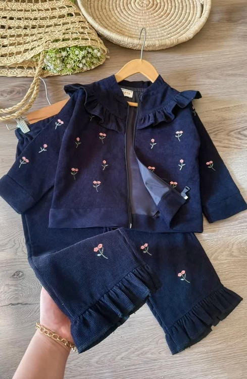 ست سویشرت و شلوار دخترانه مخمل کبریتی گلدوزی شده 3 تا 9 سال