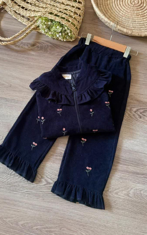 ست سویشرت و شلوار دخترانه مخمل کبریتی گلدوزی شده 3 تا 9 سال