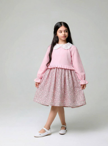 پیراهن کمرچین دار یقه گیپور دخترانه 2 تا 9 سال