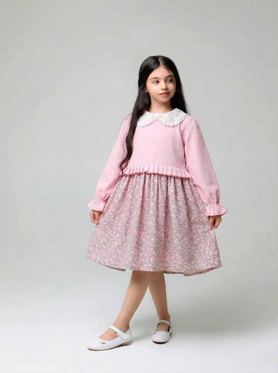 پیراهن کمرچین دار یقه گیپور دخترانه 2 تا 9 سال