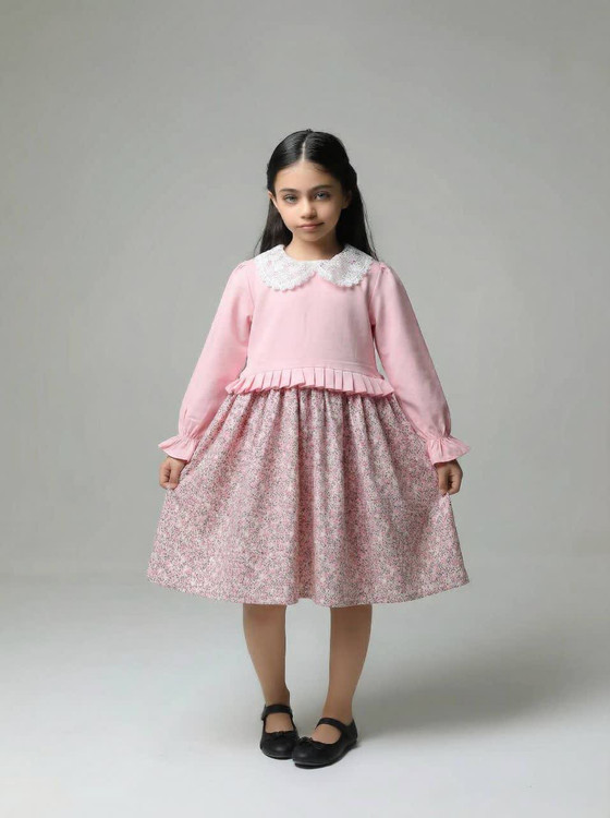 پیراهن کمرچین دار یقه گیپور دخترانه 2 تا 9 سال
