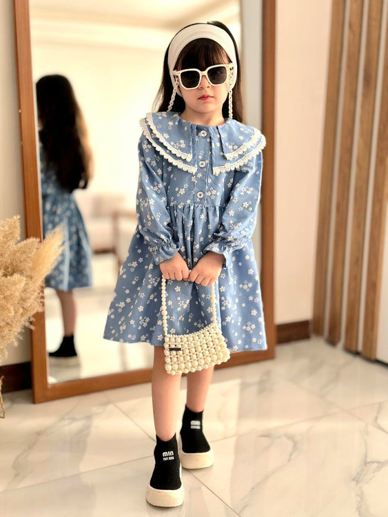 پیراهن جین گل برجسته دخترانه 2 تا 9 سال