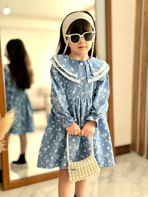 پیراهن جین گل برجسته دخترانه 2 تا 9 سال