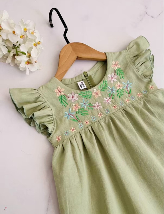 پیراهن دخترانه لینن گلدوزی پاستلی ۲ تا ۷ سال