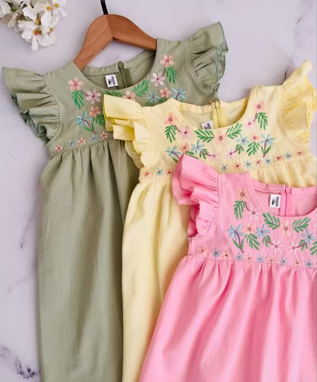 پیراهن دخترانه لینن گلدوزی پاستلی ۲ تا ۷ سال