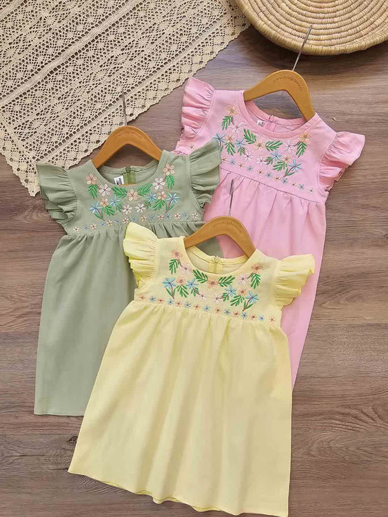 پیراهن دخترانه لینن گلدوزی پاستلی ۲ تا ۷ سال