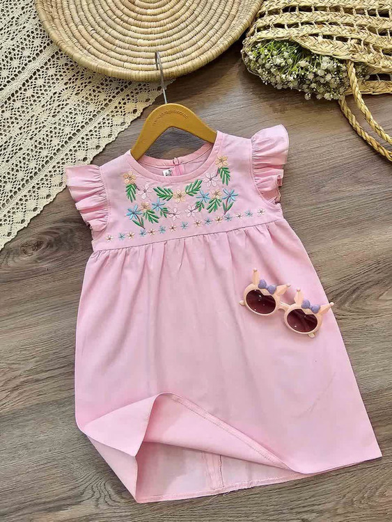 پیراهن دخترانه لینن گلدوزی پاستلی ۲ تا ۷ سال