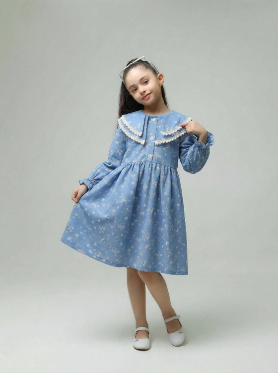 پیراهن جین گل برجسته دخترانه 2 تا 9 سال