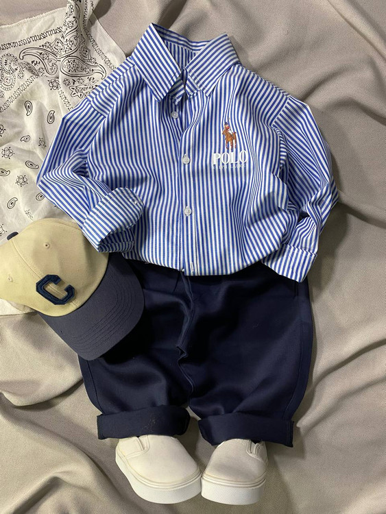 پیراهن پسرانه راه راه آبی پولو چوگان از ۱ تا ۵ سال