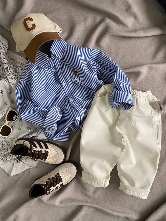 پیراهن پسرانه راه راه آبی پولو چوگان از ۱ تا ۵ سال