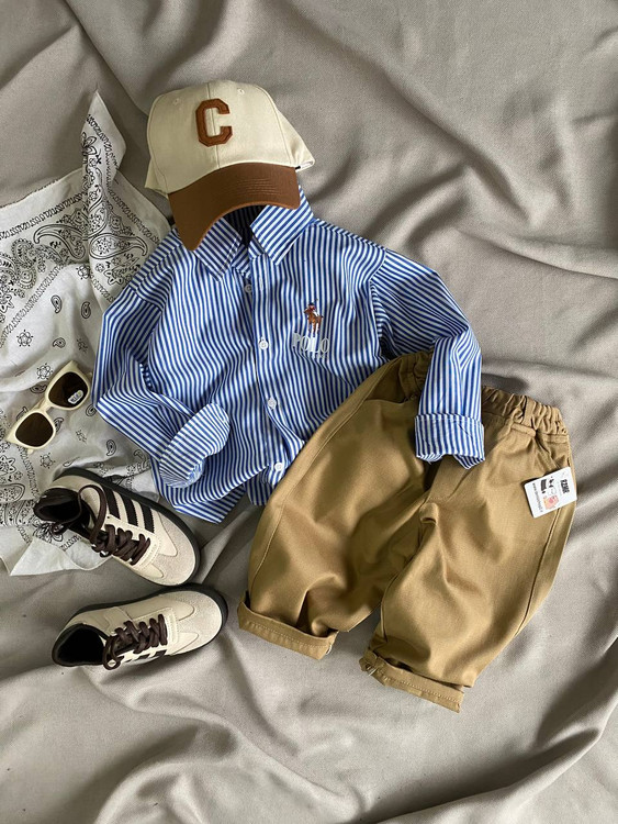 پیراهن پسرانه راه راه آبی پولو چوگان از ۱ تا ۵ سال