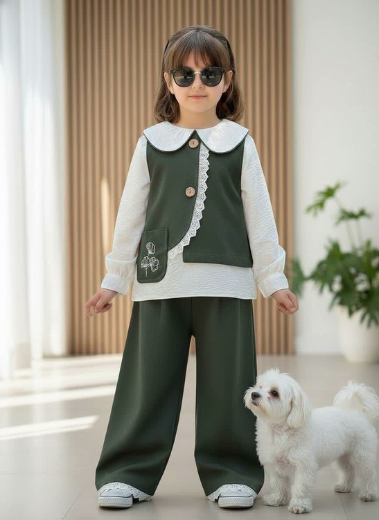 ست سه تیکه وست و شلوار کتان دخترانه ۳ تا ۱۰ سال