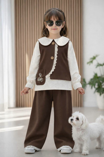 ست سه تیکه وست و شلوار کتان دخترانه ۳ تا ۱۰ سال