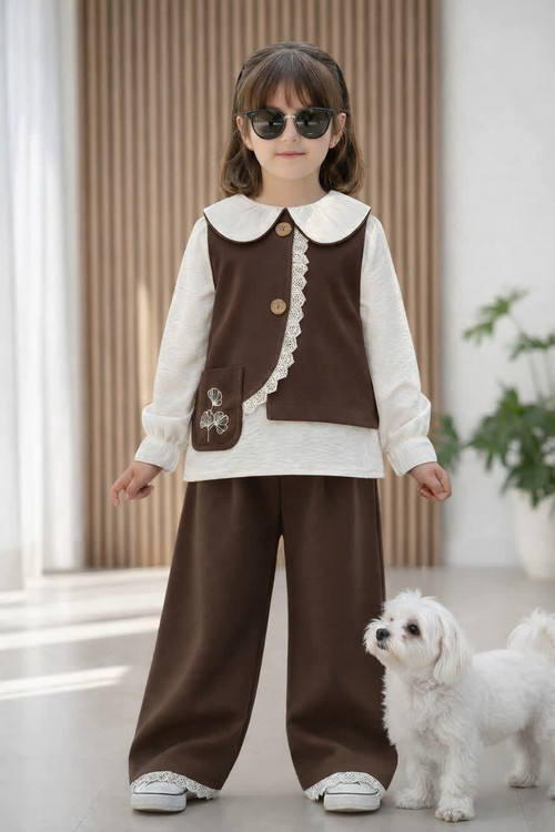 ست سه تیکه وست و شلوار کتان دخترانه ۳ تا ۱۰ سال