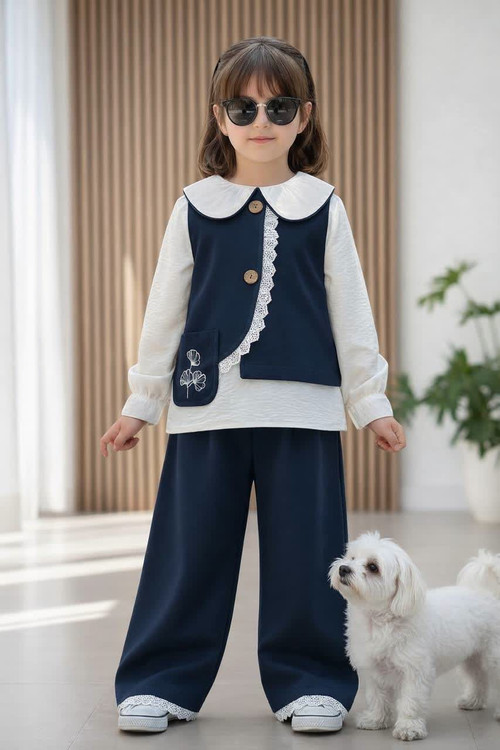 ست سه تیکه وست و شلوار کتان دخترانه ۳ تا ۱۰ سال