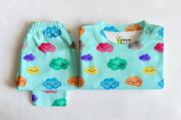 ست راحتی تیشرت آستین کوتاه و شلوار نوزادی طرح ابر رنگی 6 ماه تا 4 سال