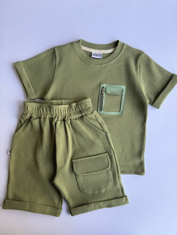 ست تیشرت شلوارک بیسکوییتی جیب چرمی 1 تا 5 سال