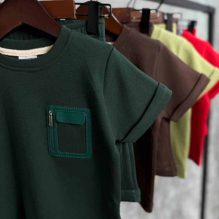 ست تیشرت شلوارک بیسکوییتی جیب چرمی 1 تا 5 سال