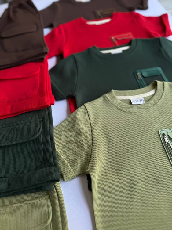 ست تیشرت شلوارک بیسکوییتی جیب چرمی 1 تا 5 سال