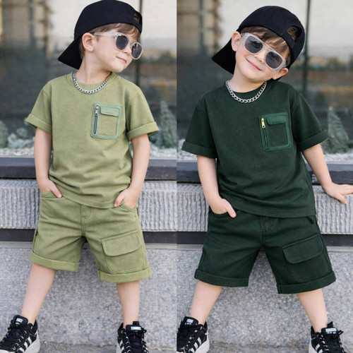 ست تیشرت شلوارک بیسکوییتی جیب چرمی 1 تا 5 سال