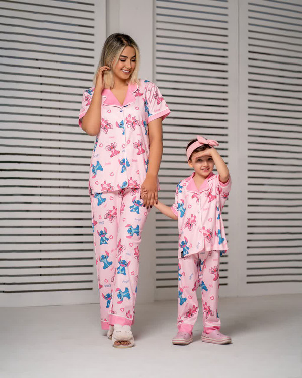 ست بلوز و شلوار راحتی دکمه دار مادر کودک طرح استیج از ۲ سال تا بزرگسال