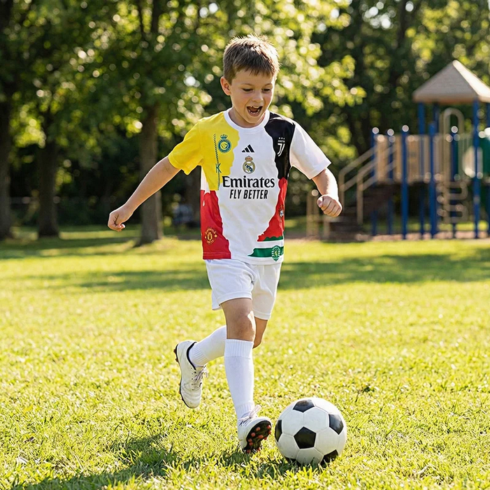 خرید و قیمت پیراهن و شورت فوتبالی بچگانه منتخب باشگاهی رونالدو از 7 تا 14 سال زیبا
