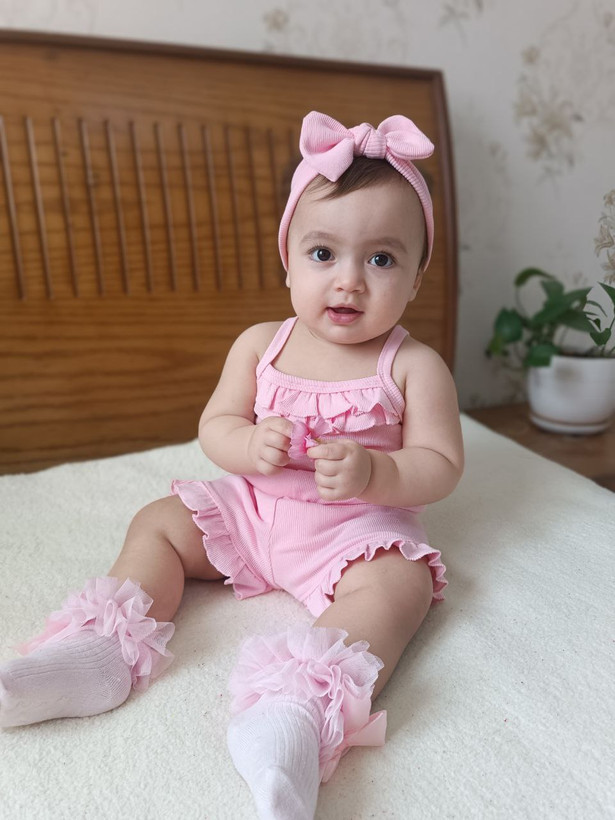 لباس ست بادی شورتک نوزادی از 3 ماه تا ۲ سال رنگ صورتی و کرم شیک